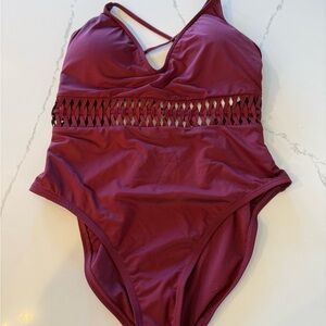 Kenneth Cole Maroon One-Piece Swimsuit with Woven Detail